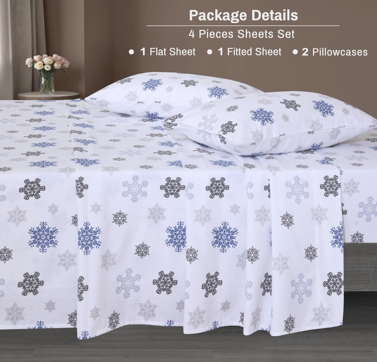 ZOYER Flannel Sheets Full Size - 100% Cotton Double Brushed Bed Sheets Set, Deep Pockets 16 Inches, All Seasons Breathable & Extra Soft Full Sheets, Warm & Cozy, 4 Piece, White Snow