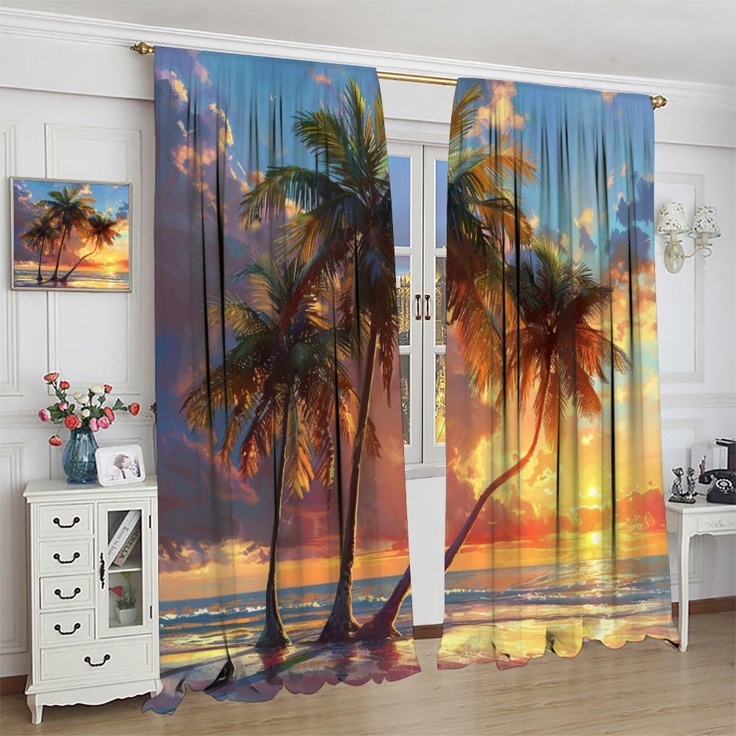 DIPQIMI Watercolor Landscape Blackout Curtains, Sky Nature Sunset Palm Trees Curtains Rod Pocket Thermal Insulated Window Drapes for Bedroom/Living Room, 21W x 45L, 2 Panels