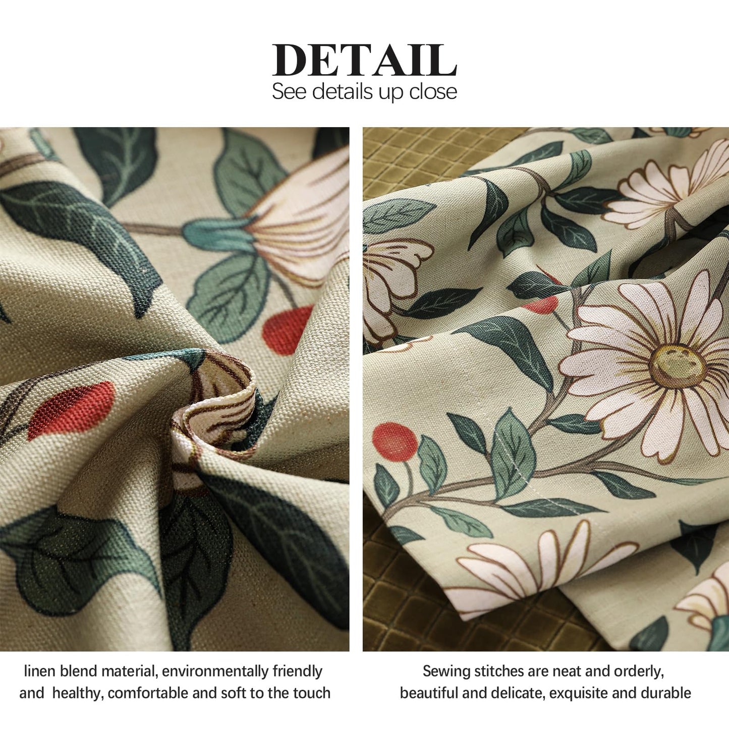 ISAENNE Designer French Green Linen Printed Curtain,2 Panels,63"x53"-Brune