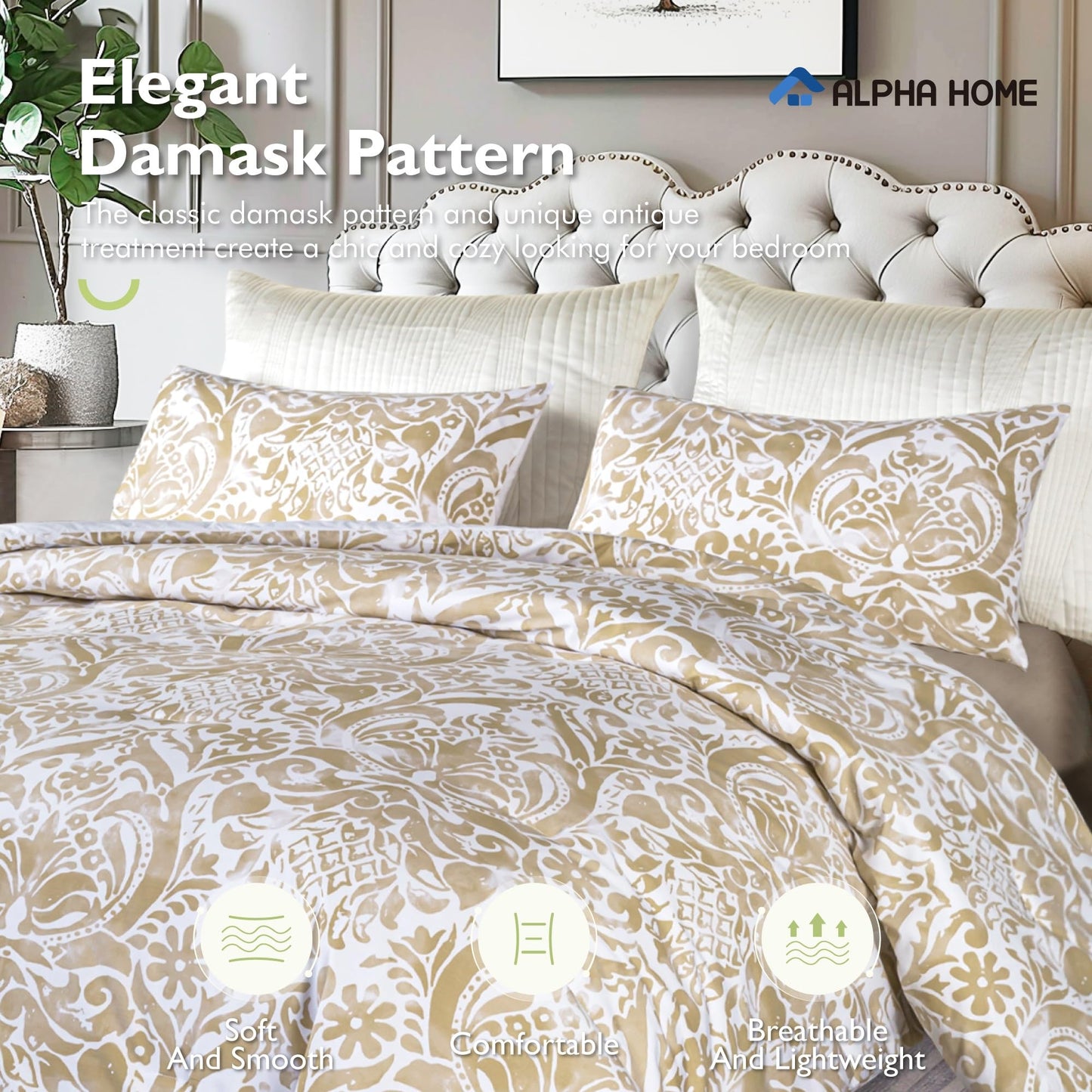 ALPHA HOME Comforter Set King Size, All Season Bedding Comforter Set, Comfortable Classic Damask Pattern Comforter Set with 100% Cotton Fabric (1 Comforter, 2 Pillowcases)