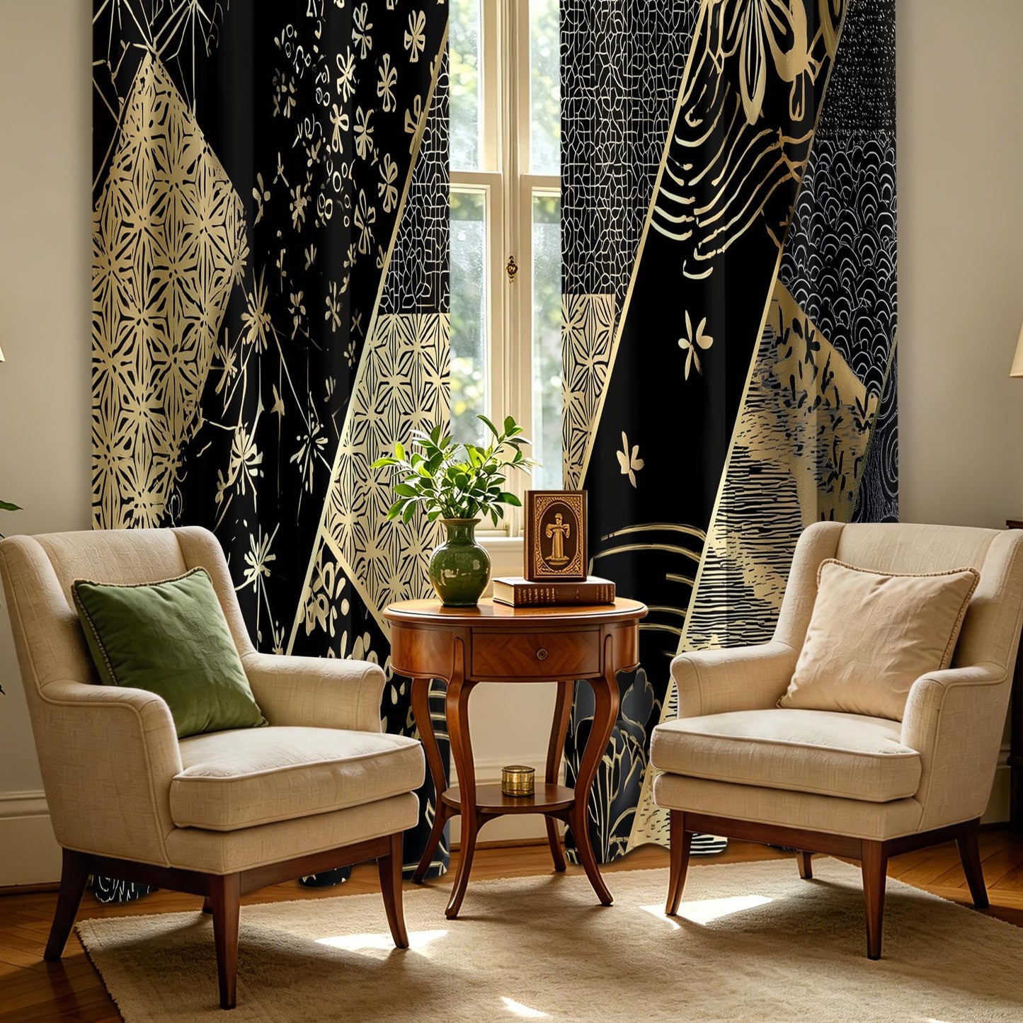 Solvivae Black Gold Black Out Curtains 63 Inch Long, Floral Boho Curtains for Bedroom Living Room, Room Darkening Thermal Insulated Grommet Drapes, Patterned Window Treatments