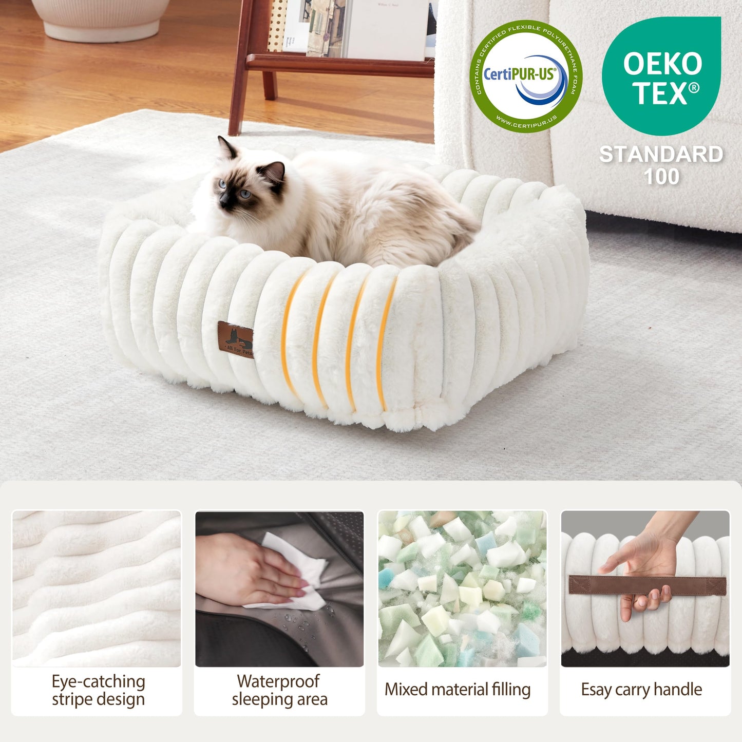 Warmrest Cute Dog Bed for Small Dogs & Cats,Washable Fluffy Cat Beds for Indoor Cats, Rectangle Orthopedic Memory Foam Puppy Beds with Anti-Slip Bottom, 20 x19 x 7 Inches, Cream(20x19x6inchs)