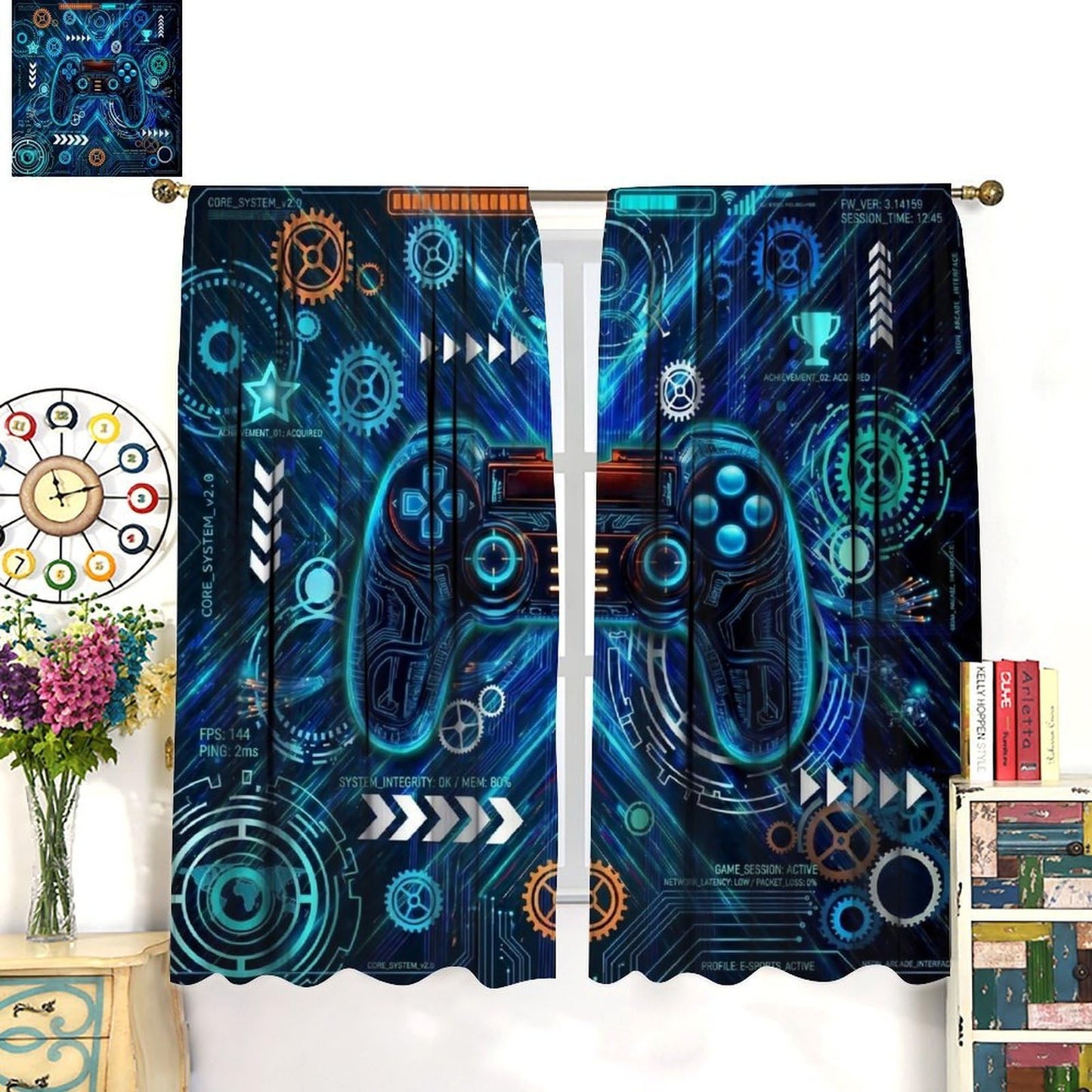 VUMIVI Gaming Curtains Futuristic Cyberpunk Neon Blue Game Controller Sci-Fi Mechanical Gear HUD Rod Pocket Window Treatments for Boys Bedroom Gamer Room Apartment Dorms Cafe 42" W X 44.5" L
