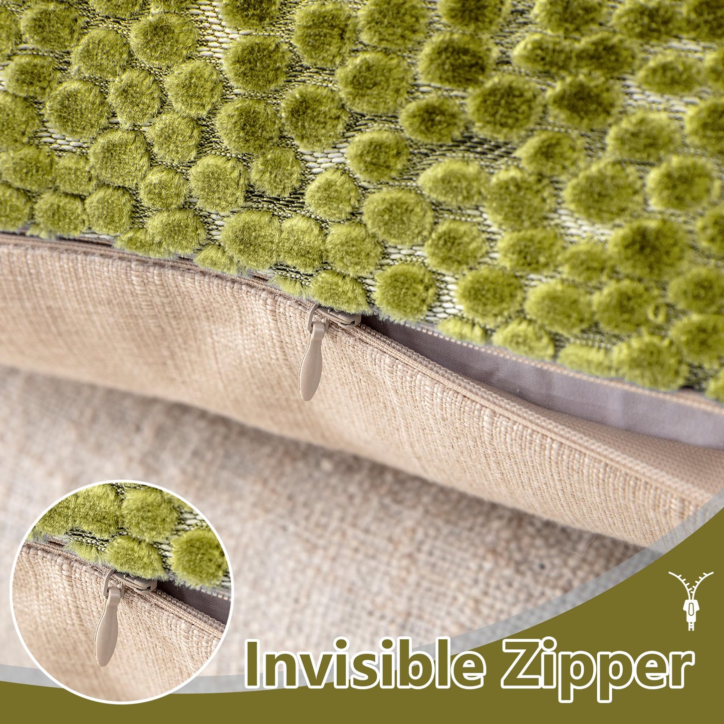 FIFU 18x18 Inch Throw Pillow Cover Set of 2 - Jacquard Velvet Cut-Pile with Linen-Look Back, Invisible Zipper, Soft Decorative Cushion Case for Couch Sofa Bedroom Living Room, Machine Washable, Olive