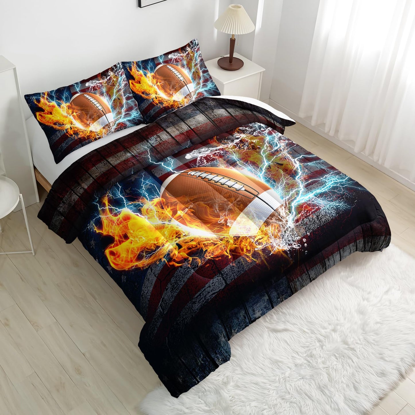 Nttopship Football Comforter Sets King Size, Bedding Sets 3PCS for Kids,US Flag and Fire Football Bedding Sets Sets All Season 1 Comforter and 2 Pillowcases