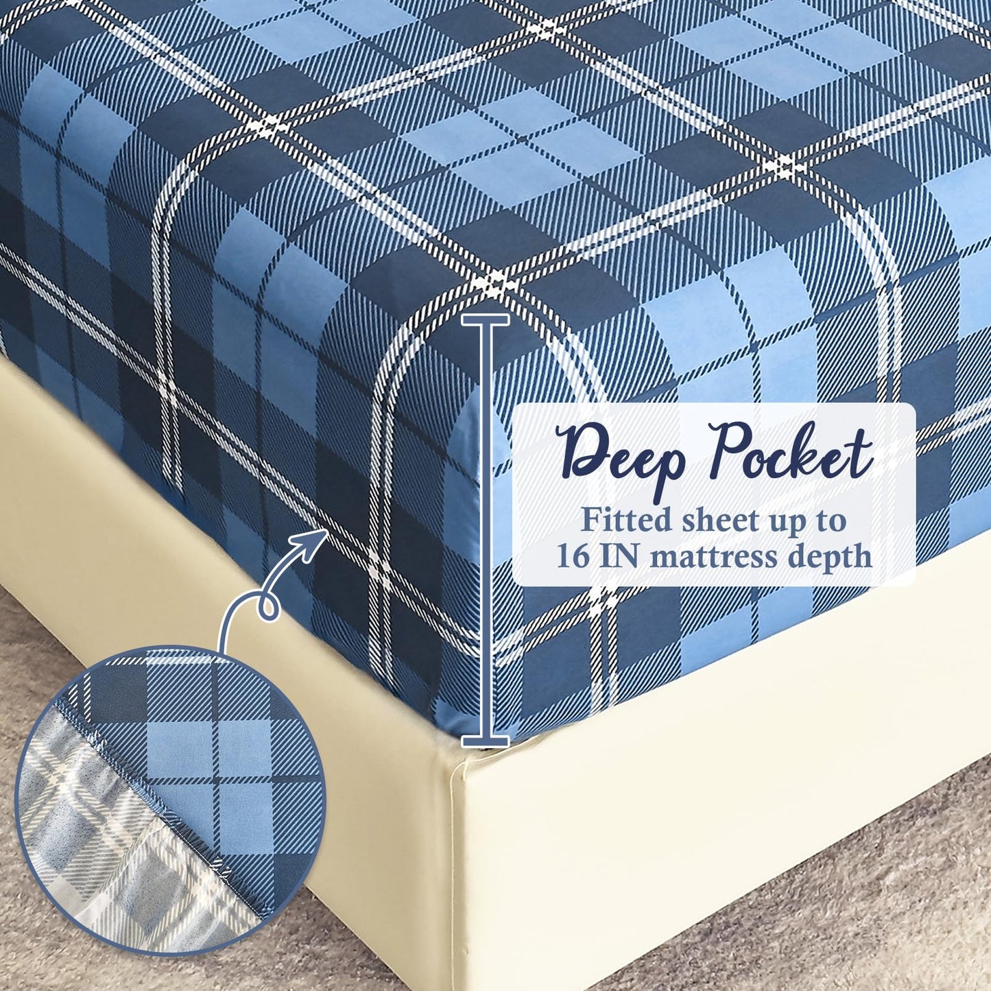 MICORAL Queen Sheet Set Plaid Patten, 4-Piece Printed Sheets, Silky & Lightweight Bedding Set, 16" Deep Pocket, Ultra Soft & Cooling Sheet, Oeko-TEX Certified, Plaid Royal Blue