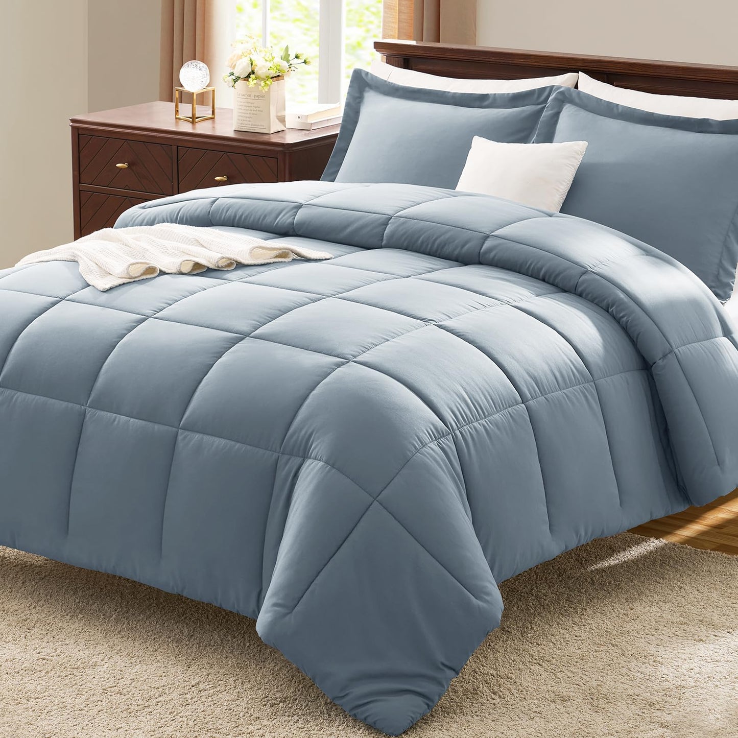CozyLux Queen Comforter Set - 270GSM Grayish Blue Bedding Sets for All Seasons, 3 Pieces Box Stitched Bed Set with 1 Down Alternative Comforter and 2 Pillow Shams, Soft, Lightweight, Breathable