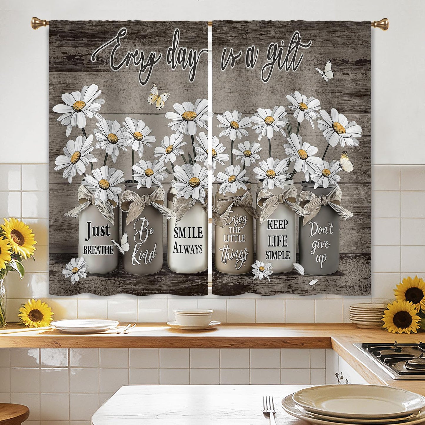 Cizuug Farmhouse Vintage Daisy Floral Kitchen Curtains Rustic Flower Inspirational Small Short Cafe Window Curtains Wooden Country Quotes Bathroom Living Room Bedroom Drapes Treatment(27.5x39 Inch)