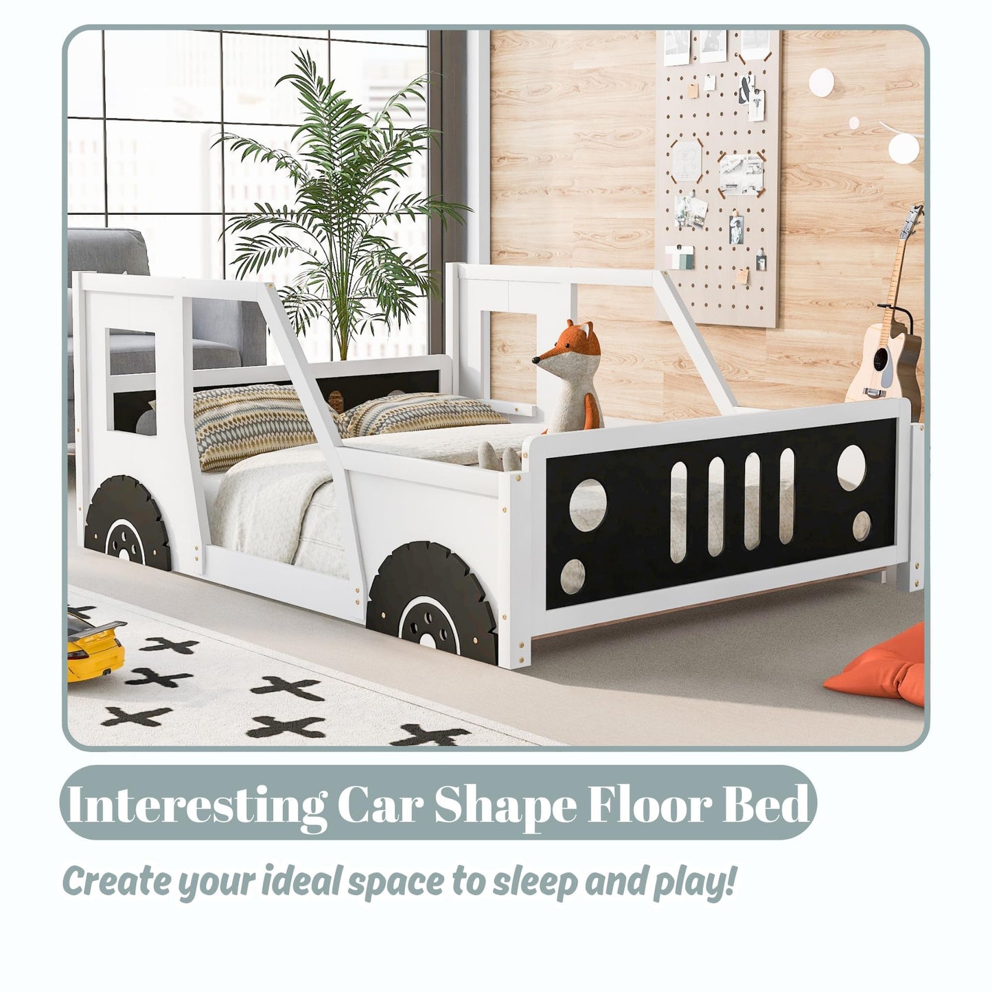 Bellemave Twin Size Car Bed, Classic Car-Shaped Platform Bed with Wheels, Wood Twin Montessori Floor Bed for Kids Boy Girls (White+Black)