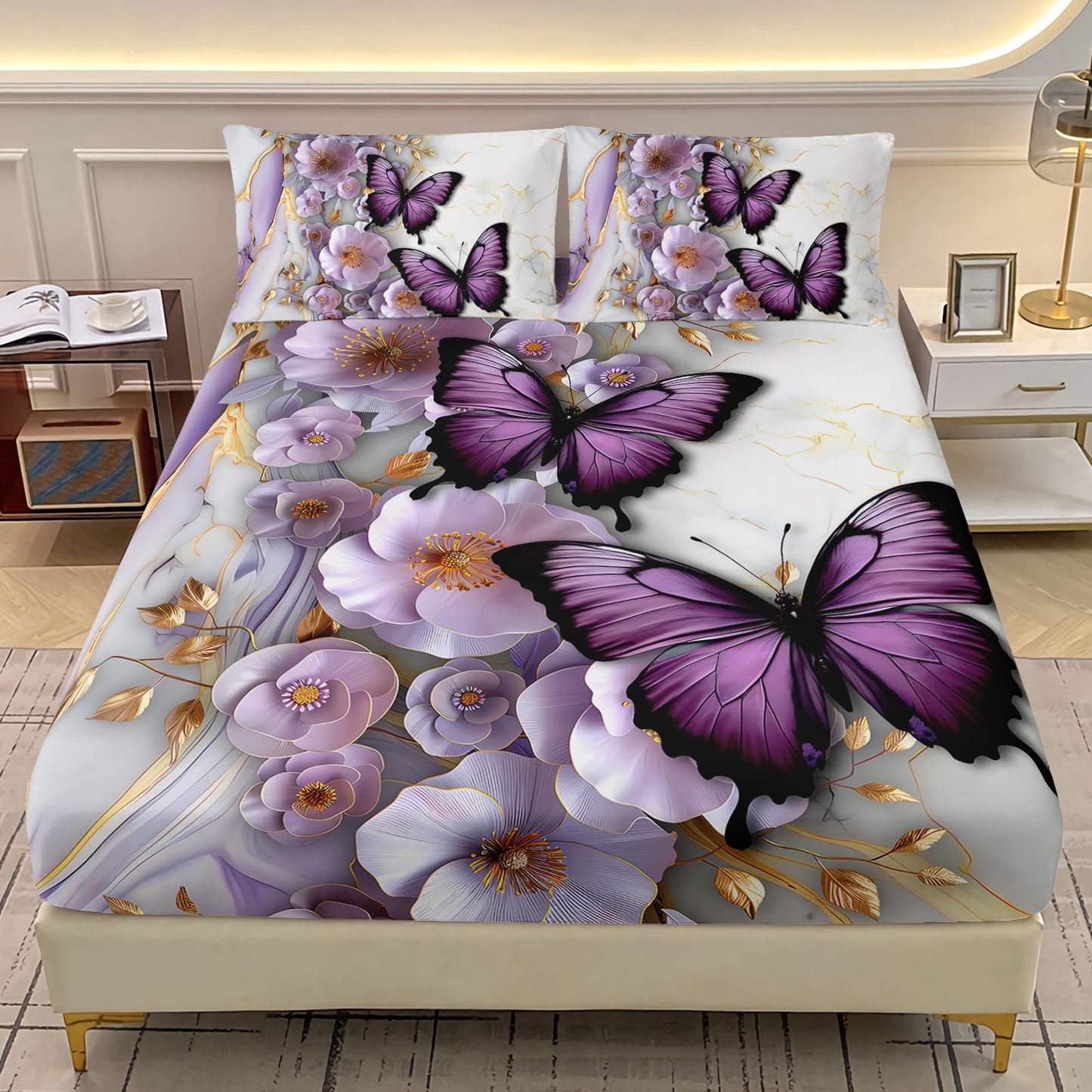 AILONEN Purple Floral Butterfly Fitted Sheet Set Full Size,Gold White Marble Flower Bedding Set for Kids Girls Women,1 Fitted Sheet with 2 Pillowcases-3 Pieces