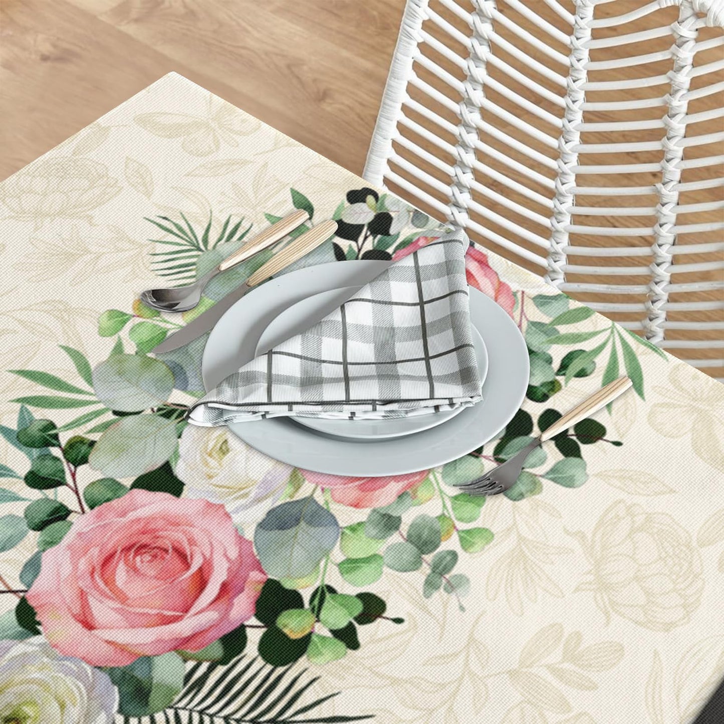 Kwlegh Spring Summer Tablecloth 60x84 Inch Rectangular Pink White Rose Flower Table Cover Green Eucalyptus Leaves Reusable Washable Tablecloths for Dining Decor Party Picnic Indoor Outdoor