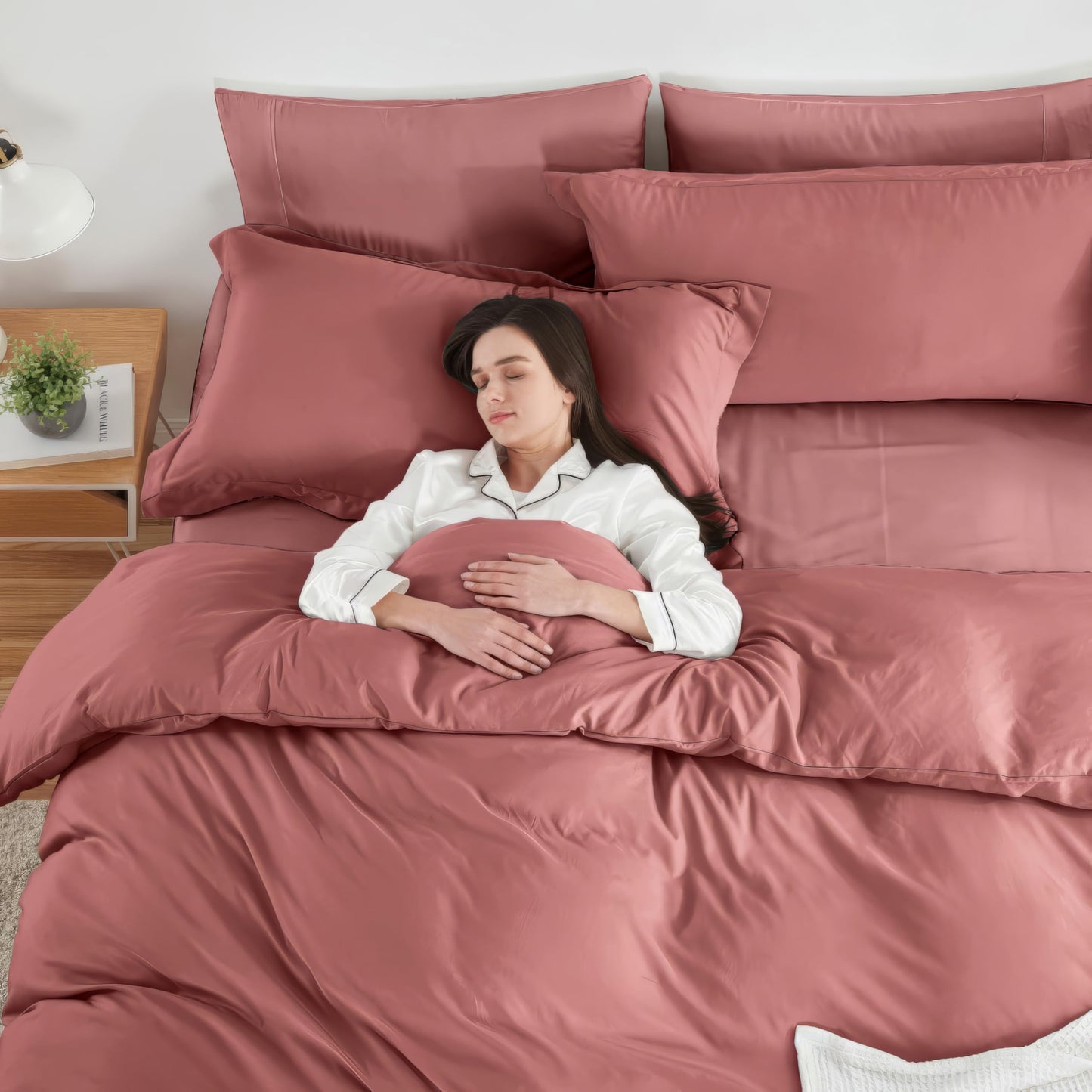 Hearth & Harbor Queen Size Duvet Cover & Bed Sheet Set Pink Clay, 7 Piece Soft Double Brushed Bedding Set, Includes Duvet Cover, Flat Sheet, Fitted Sheet, Pillowcases and Pillow Shams