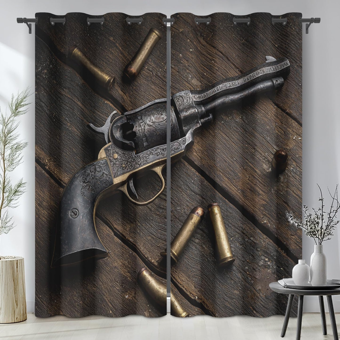 Retro Western Revolver Curtains for Bedroom Decor, Cowboy Pistol Bullet Blackout Curtains 63 Inch Long Grommet Curtains, Rustic Old Wooden Planks Drapes Thermal Insulated for Living Room 2 Panels Set