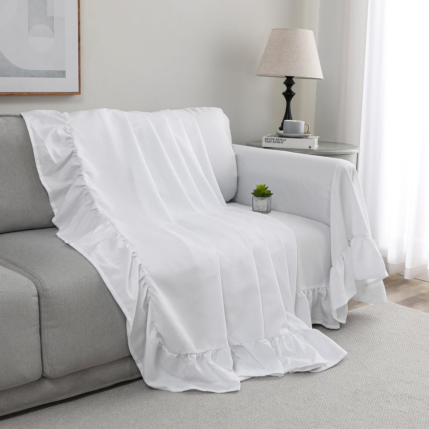 Castle Selection Rustic Linen Sofa Cover with Tie Strings, Full Couch Protector Durable Throw Slipcover Ruffled Edge (White, Sofa)