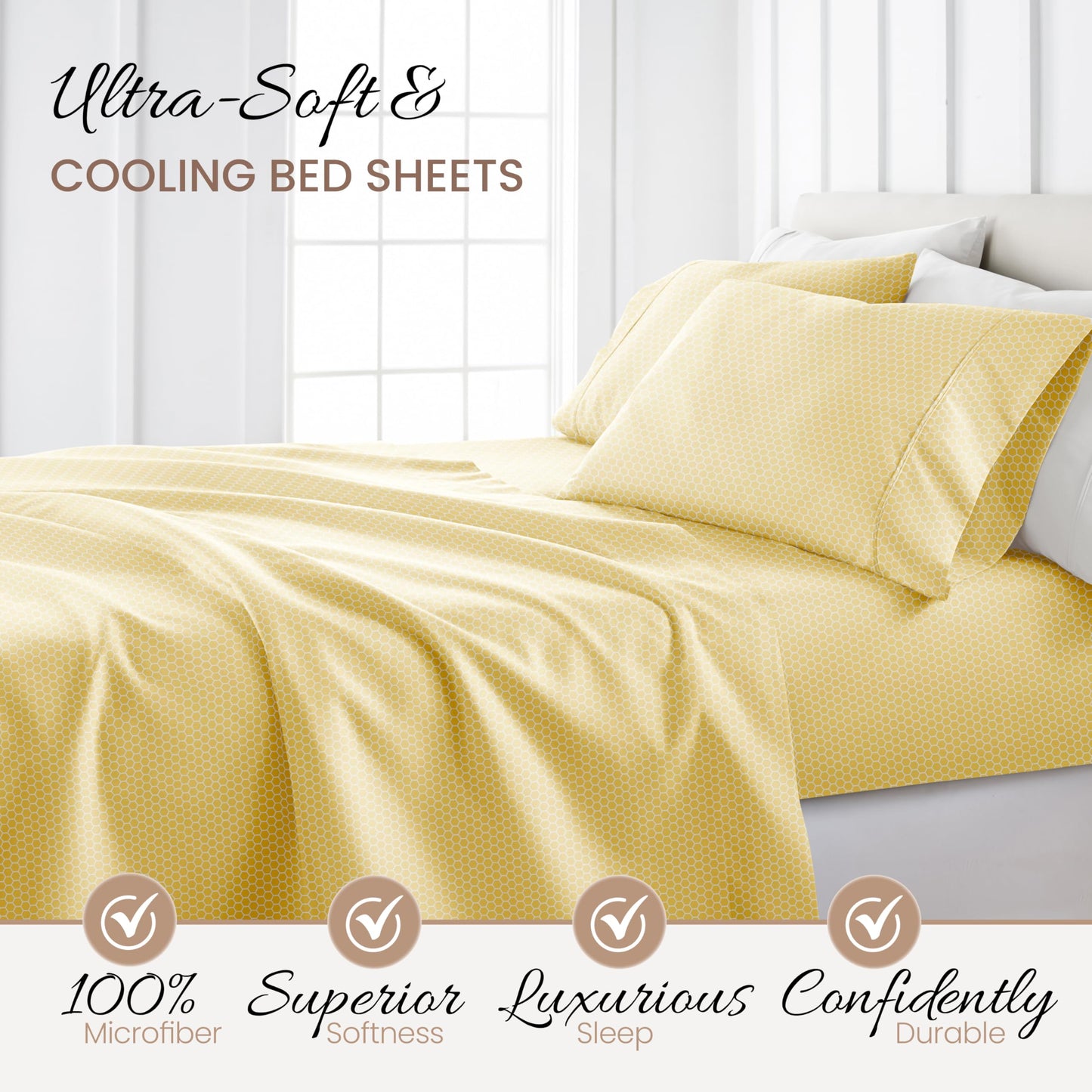 Linen Market Patterned Microfiber Queen Sheet Set 4 Piece – Oeko-TEX Certified Ultra Soft & Wrinkle-Free - 16" Deep Pocket Sheets - Easy Care Queen Size - Honeycomb Yellow