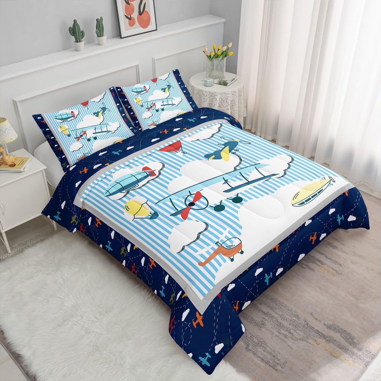 Smell Sunshine Kids Comforter Set Cartoon Airplane Printed Pattern Bedding Set with 1 Comforter and 2 Pillowcases for Girls Boys Bedroom All Season(Cartoon Airplane Full)