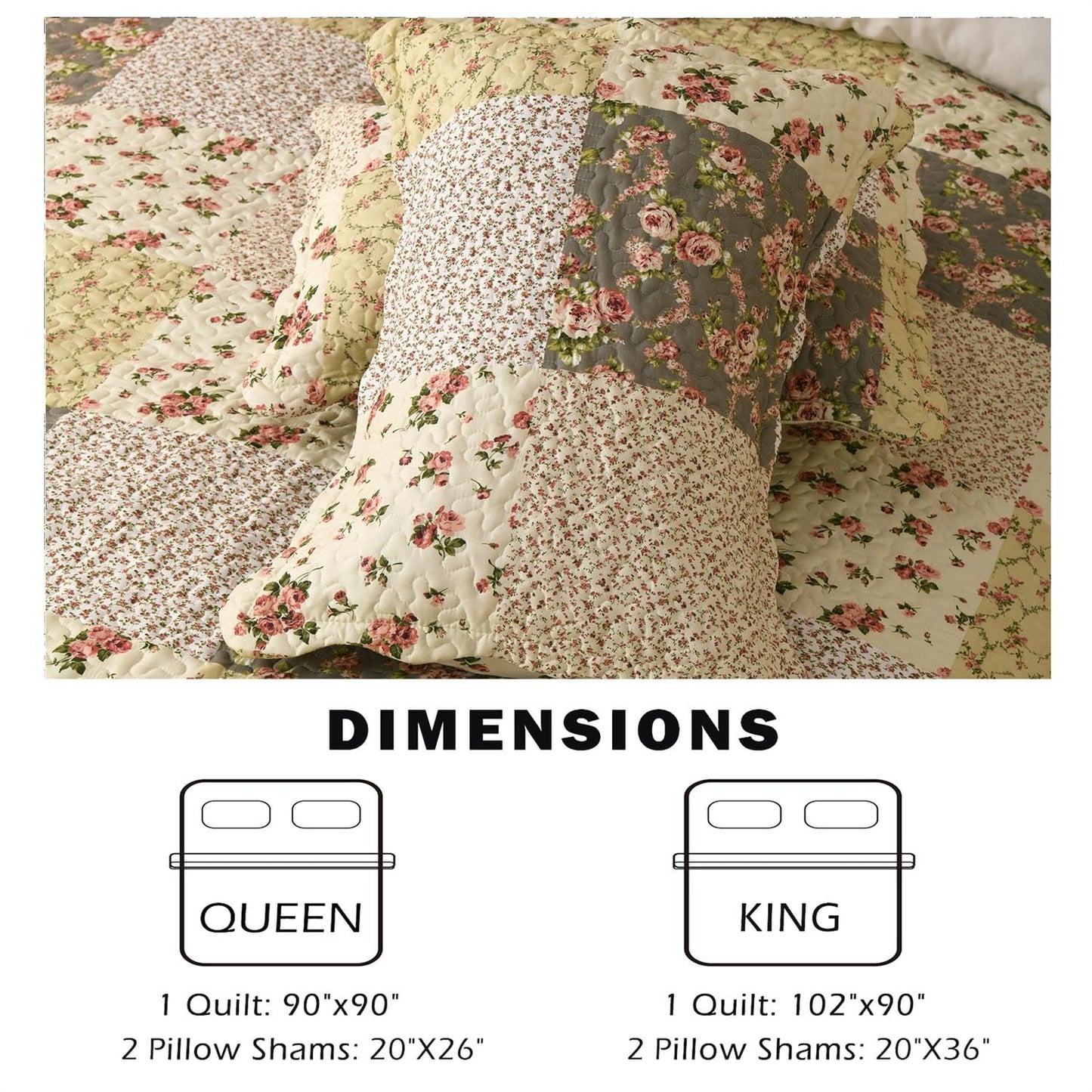 Summer Floral Queen Quilted Bedspread,Romantic Beige Quilt Set,Reversible Stitched Bedding Cover All Season,Soft Lightweight Coverlet with Pillow Cases (Lvory&Pink, Queen90 x90)