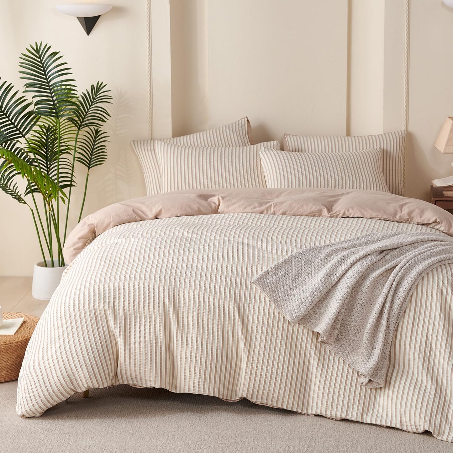 BUPIRD Queen Comforter Set Striped Beige 100% Soft Washed Microfiber Jacquard 3 Pieces Striped Bedding Sets Beige White Comforter for All Seasons and 2 Pillowcases Comfort Breathable