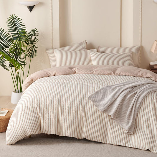 BUPIRD Queen Comforter Set Striped Beige 100% Soft Washed Microfiber Jacquard 3 Pieces Striped Bedding Sets Beige White Comforter for All Seasons and 2 Pillowcases Comfort Breathable