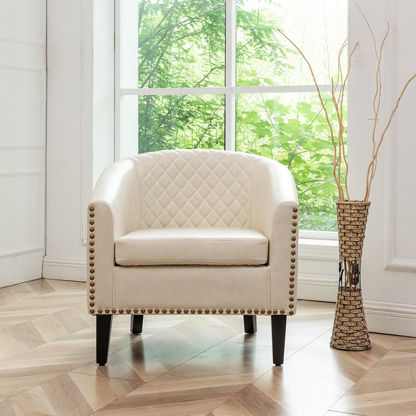 KINWELL 29" W Modern Faux Vegan Leather Barrel Chair, PU Upholstered Tufted Accent Club Chairs with Nailhead Trim, Small Armchair for Living Room Bedroom Apartment Lounge Nursery, Cream