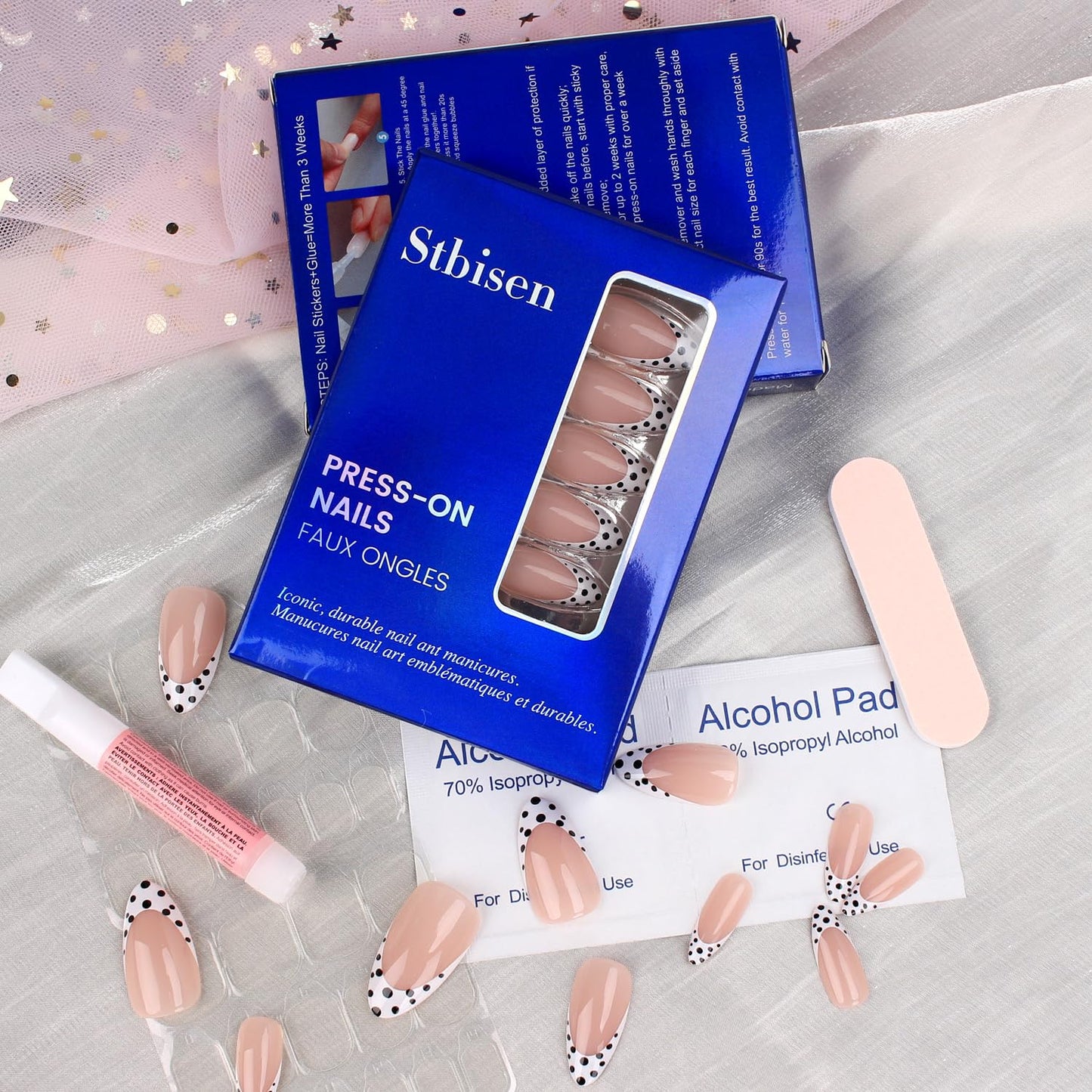 Press On Nails Almond Medium – Nude Pink French Tips with Black & White Polka Dot Design, 24PCS Glossy Acrylic Fake Nails, Reusable Stick On Nails Kit with Glue & Tools for Women, Trendy DIY Manicure