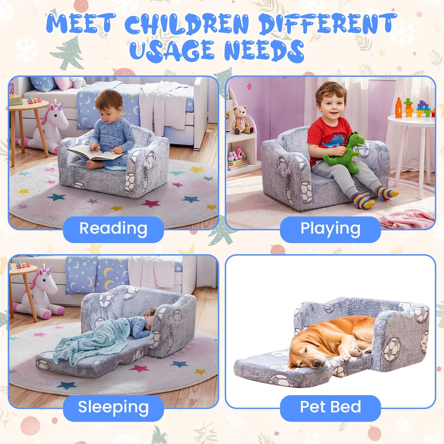 Lamerge 2-in-1 Toddler Couch,Glow in The Dark Baby Floor Bed,Foldable Toddler Chair Kids Sofa for playroom,Convertible Sofa to Lounger for Girls and Boys (Grey and Football)