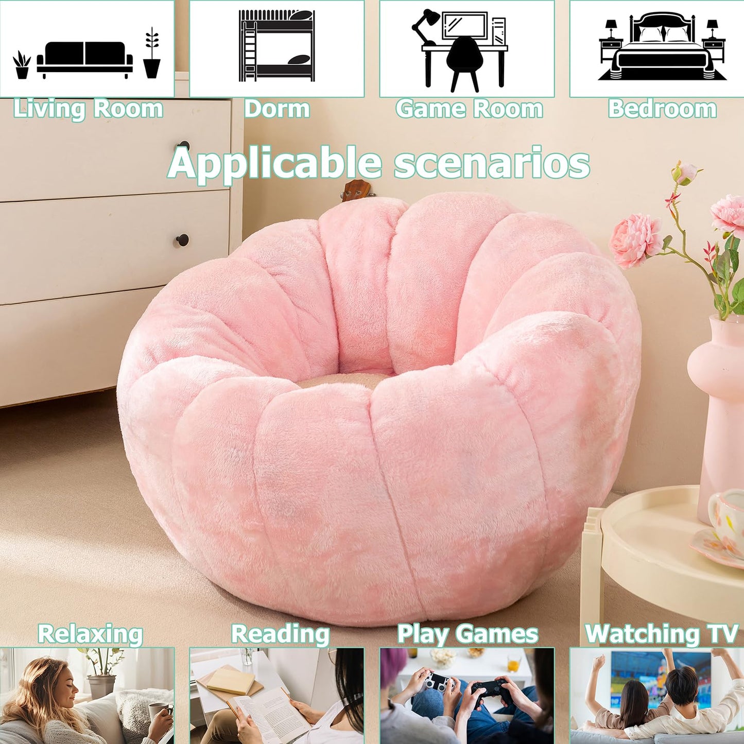 IEVENW Pumpkin Bean Bag Sofa Chair, Bean Bag Chair with Filler for Teens, Kids, Toddler, Comfy and Lazy Sofa for Dorm, Apartment, Living Room and Bedroom, Pink