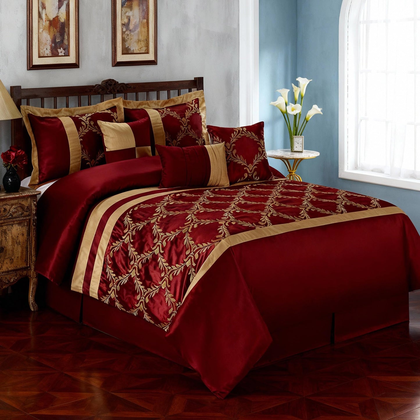 HIG 7 Piece Bed in A Bag Comforter Set King - Burgundy and Gold Faux Silk Fabric Embroidered - Breathable and Wrinkle Resistant - 1 Comforter, 2 Shams, 3 Decorative Pillows, 1 Bedskirt