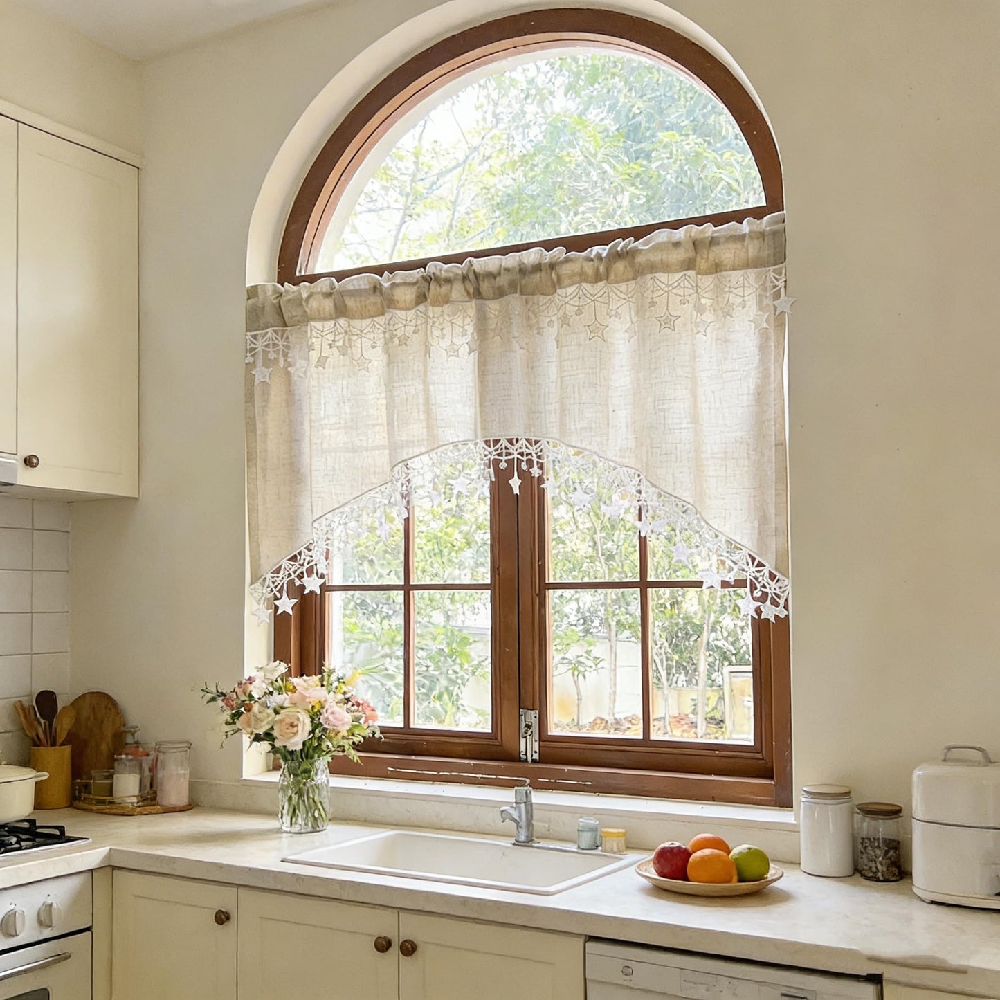 Boho Style Arched Linen Cafe Curtain Valance with Stars Trim Elegant Linen Swag Doorway Curtain Tier for Kitchen Bathroom Bedroom Rod Pocket Top 1 Panel (W39 x L25.5 inch,Beige)