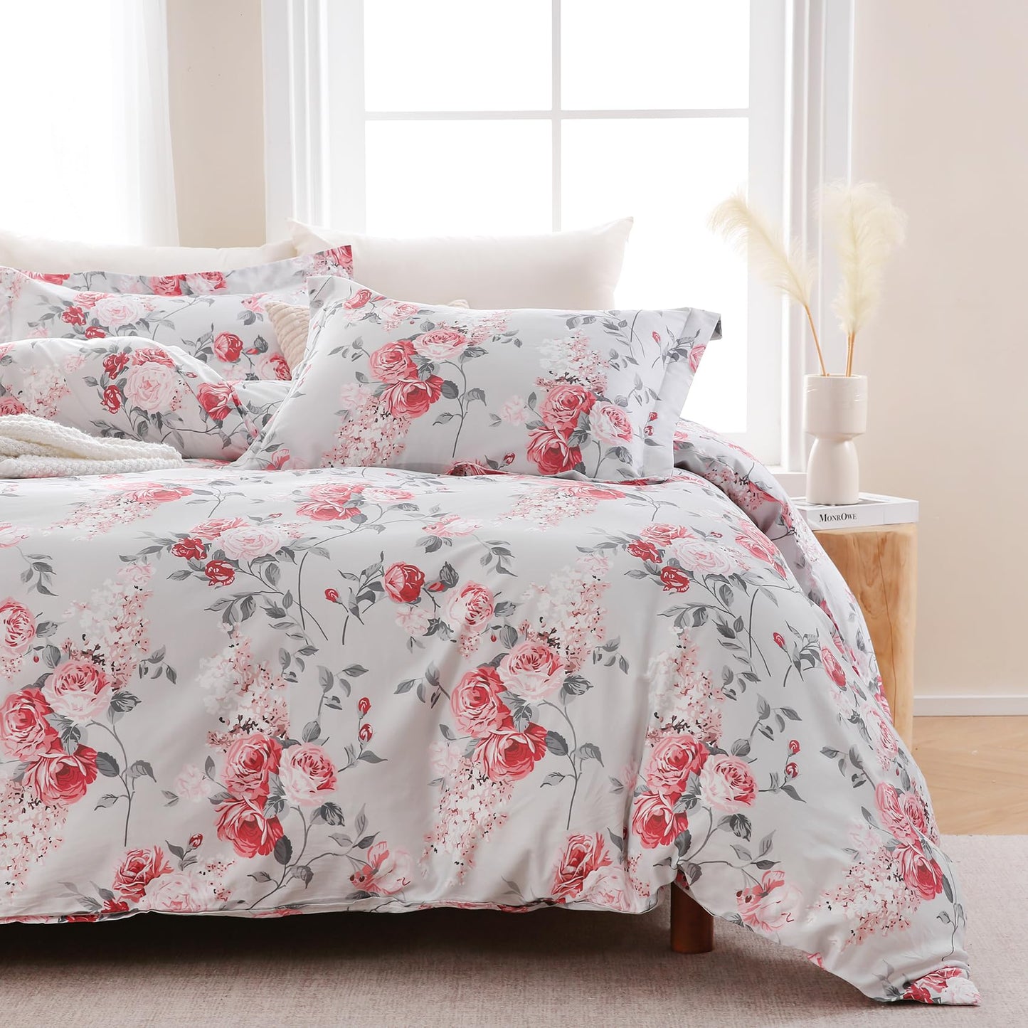 Ocharo Pink Floral Duvet Cover Set King Size 100% Cotton,Reversible Romantic Garden Rose Print Bedding Set for Girls Women,Soft 3 Pieces Cute Chic Style Comforter Cover with 2 Pillow Sham(20"x26")