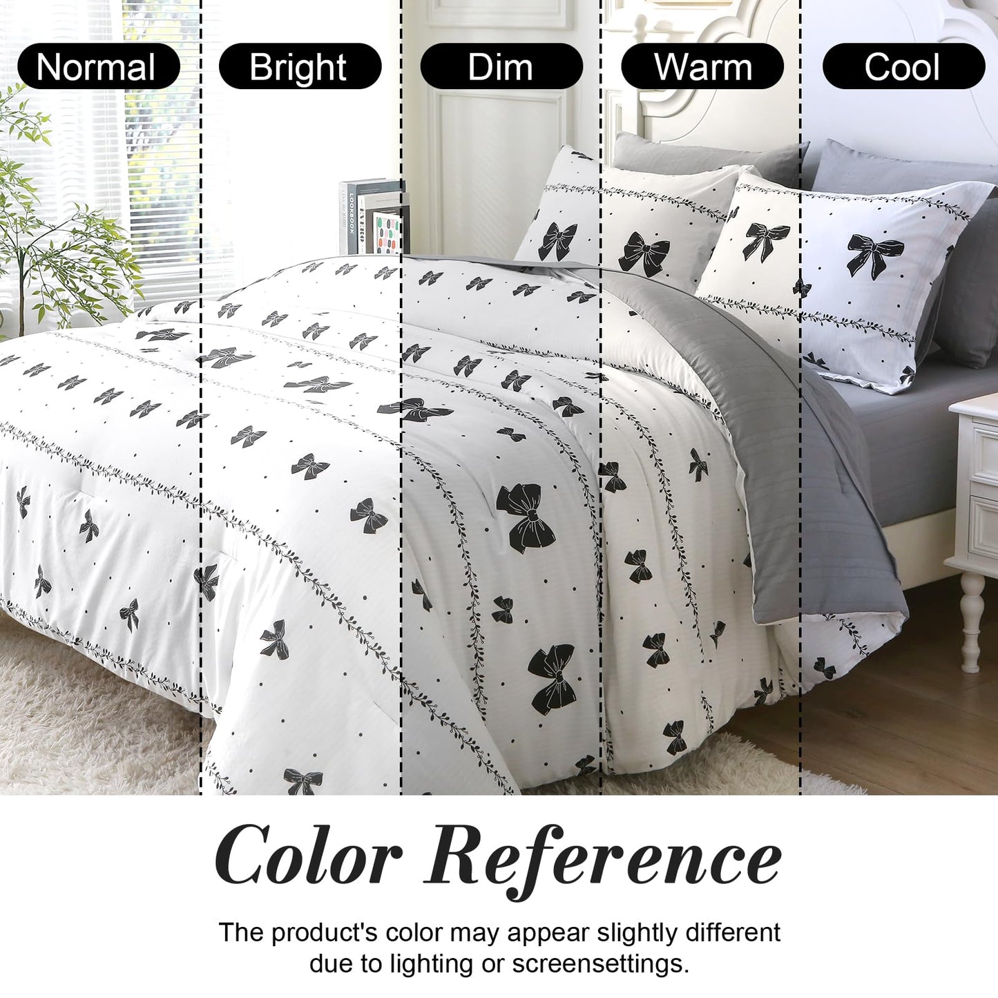 Jameswish 7 Pieces Black Bow Comforter Set for Girls Kids Soft Fluffy Polka Dot Bedding Set Full Size Bed in A Bag as Gifts (1 Comforter, 1 Flat Sheet, 1 Fitted Sheet, 2 Pillowcase and 2 Pillow Sham)