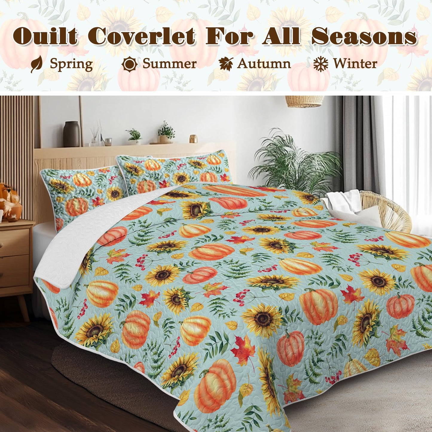 BlessLiving Fall Bedding King Size: Soft Microfiber Lightweight Blue Orange Pumpkin Quilt Set 3 Piece Autumn Bedspread Coverlet for Thanksgiving Bedroom Living Room Decoration