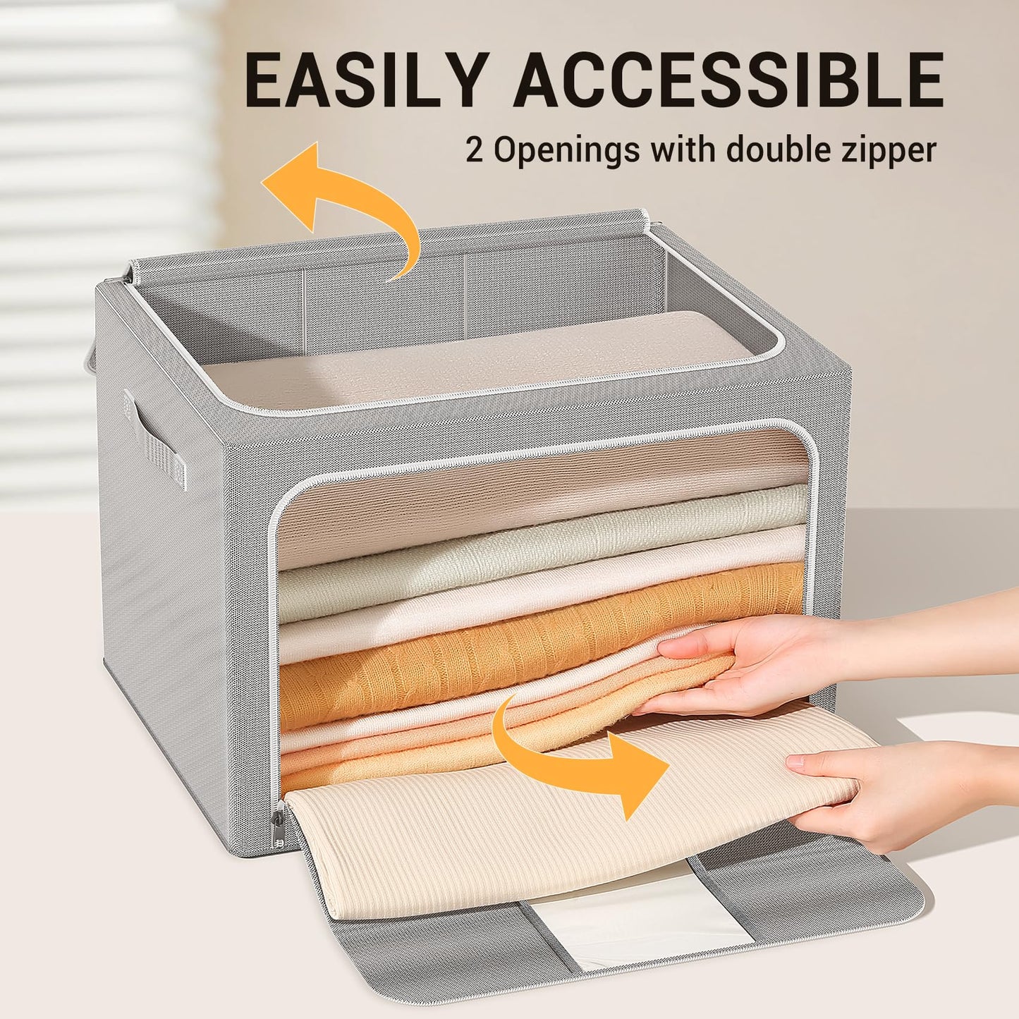 LeArex Clothes Storage Bins with Metal Frame Foldable Storage Box Clothes Organizers Storage Containers for Clothes Sheets Blankets Books Toys Gifts and Holiday Decorations (66Lx3 Pack)
