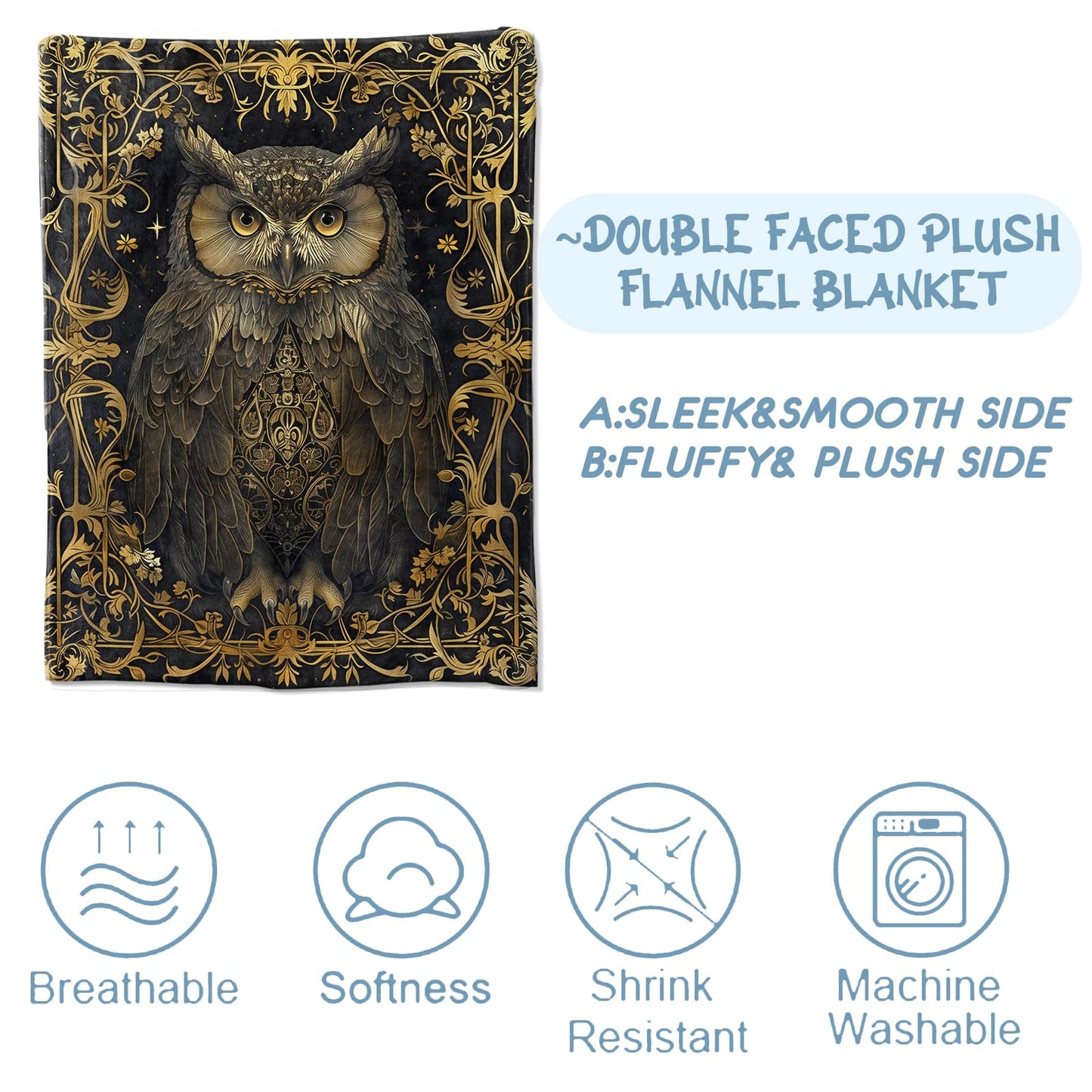 Zeleda Mystery Owl Blanket,Gifts for Nature Lovers,Lightweight Flannel Throw Blankets,Gothic Animal on Black Background Throws Home Decor,for Couch Living Room Office,60x50inch