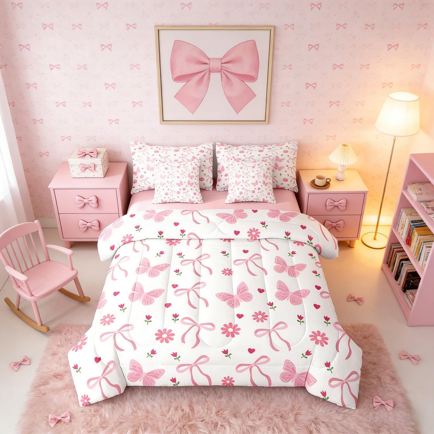 Erosebridal Butterfly Floral Bow Pink Girls Full Comforter Set 7 Pieces | Ribbon Daisy Coquette Bed in A Bag for Bedroom Flowers Kawaii Cute Bedding Set with Comforters Flowers Kawaii Cute Room Decor