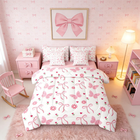 Erosebridal Butterfly Floral Bow Pink Girls Full Comforter Set 7 Pieces | Ribbon Daisy Coquette Bed in A Bag for Bedroom Flowers Kawaii Cute Bedding Set with Comforters Flowers Kawaii Cute Room Decor