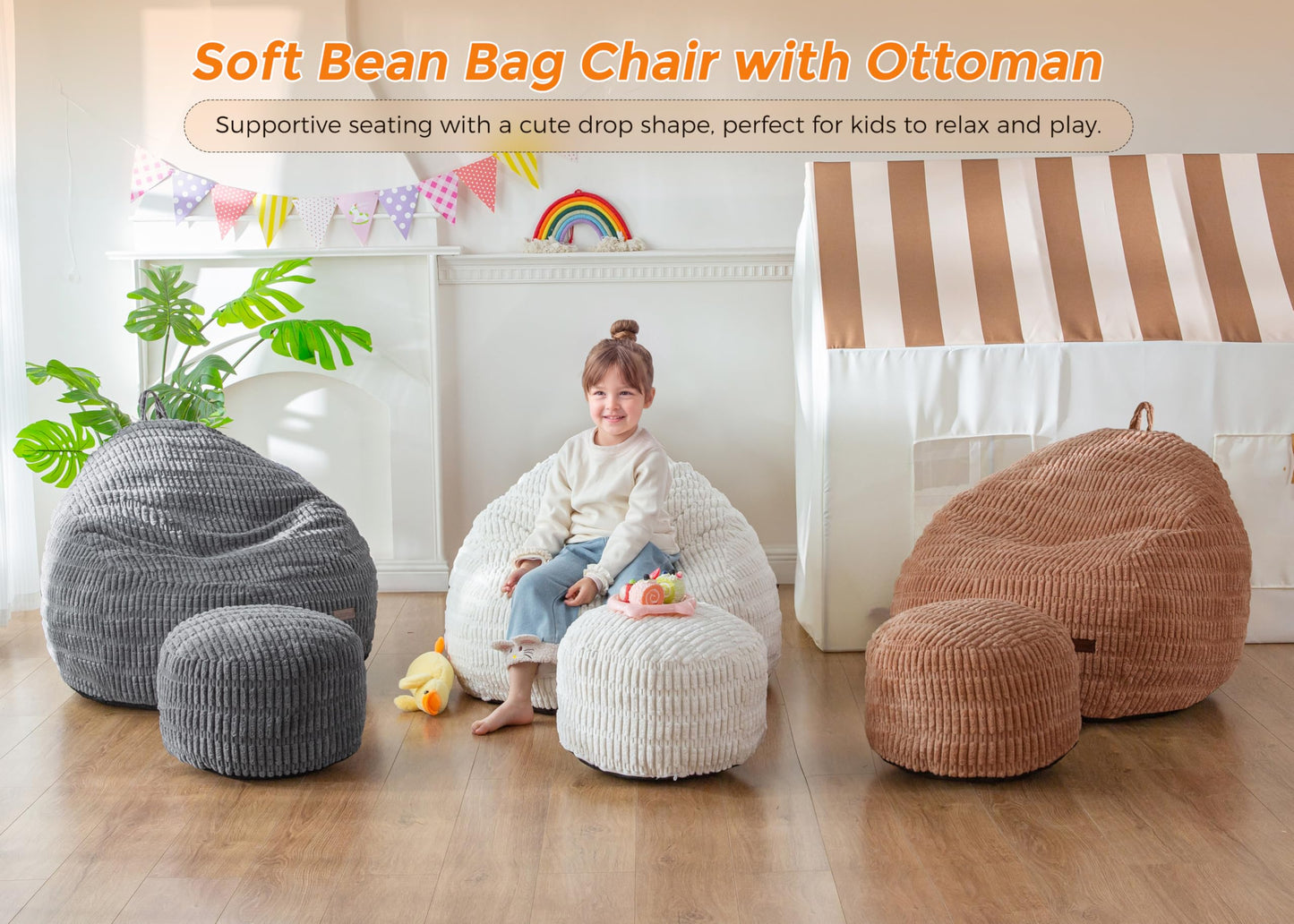 MAXYOYO Kids Bean Bag Chair with Ottoman, Soft Floor Bean Bag Sofa, Beige