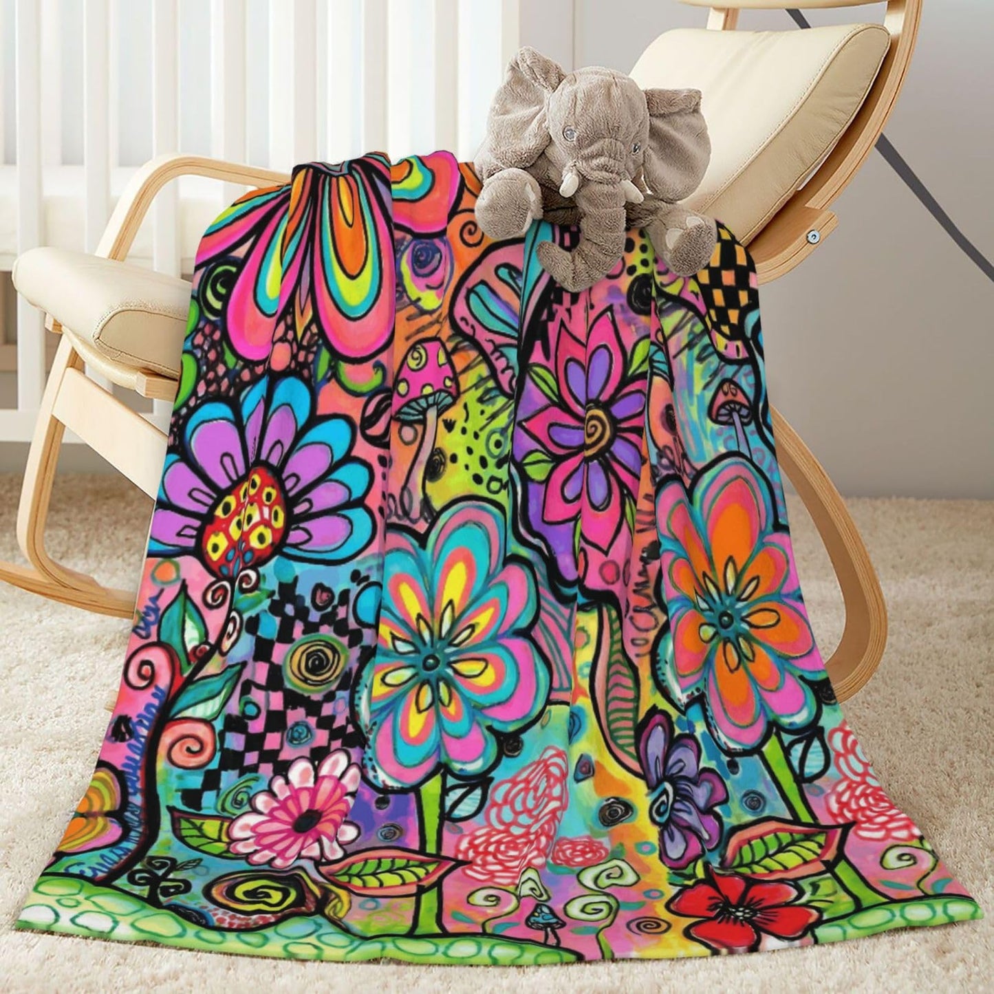 Gbuzozie Hippie Art Flowers Doodle Fleece Blanket Lightweight Ultra-Soft Throw Blanket for Sofa Couch Bed Camping Travel - Super Soft Cozy Microfiber Blanket 50"X40"