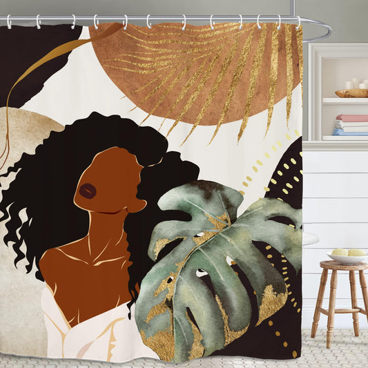 Yookeb Abstract African American Bathroom Shower Curtain 60W by 71H Inch Mid Century Monstera Brown Vintage Black Girl Woman Polyester 12 Plastic Hooks Waterproof Decor