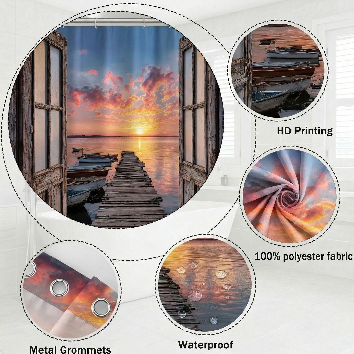 Coastal Beach Barn Door Shower Curtain, Nautical Ocean Seashore Sunset Decorative Waterproof Fabric Shower Curtain for Bathroom, Seaside Sunrise Pier Seascape Rustic Bath Curtain Set with Hooks72x72in