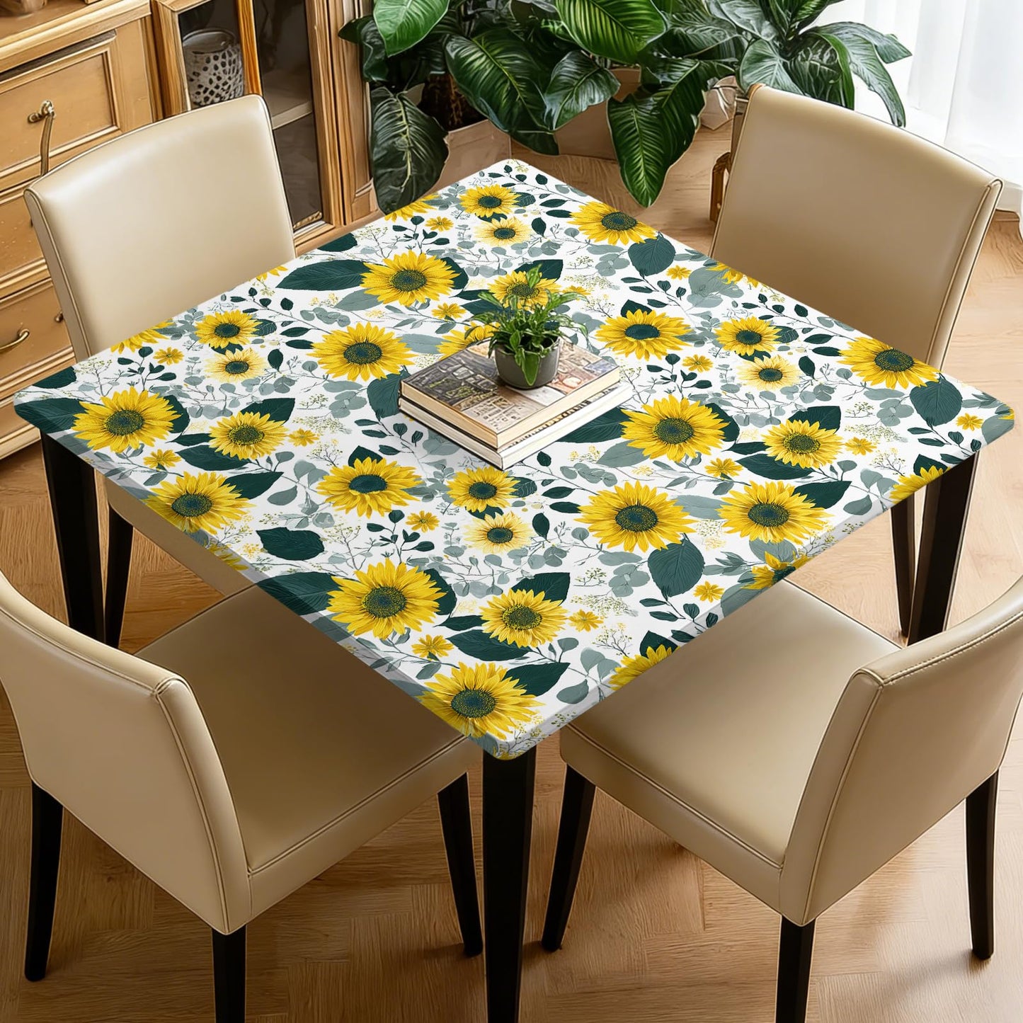 ARTSGOO Square Fitted Tablecloth with Elastic Edge Design Table Cover Waterproof Stain-Resistant Wipeable Table Cloth for Kitchen Dining Picnic Patio Outdoor Party Sunflower 34X34 Inch