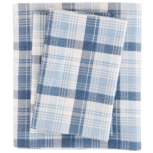 Woolrich Cotton Sheet Set Cottage Charms Print, 100% Cotton Flannel Sheets Warm & Fuzzy Bedding Set Queen Size Sheets, Fitted Pocket Fits Up to 14" Mattress, Queen Blue Plaid, 4 Piece