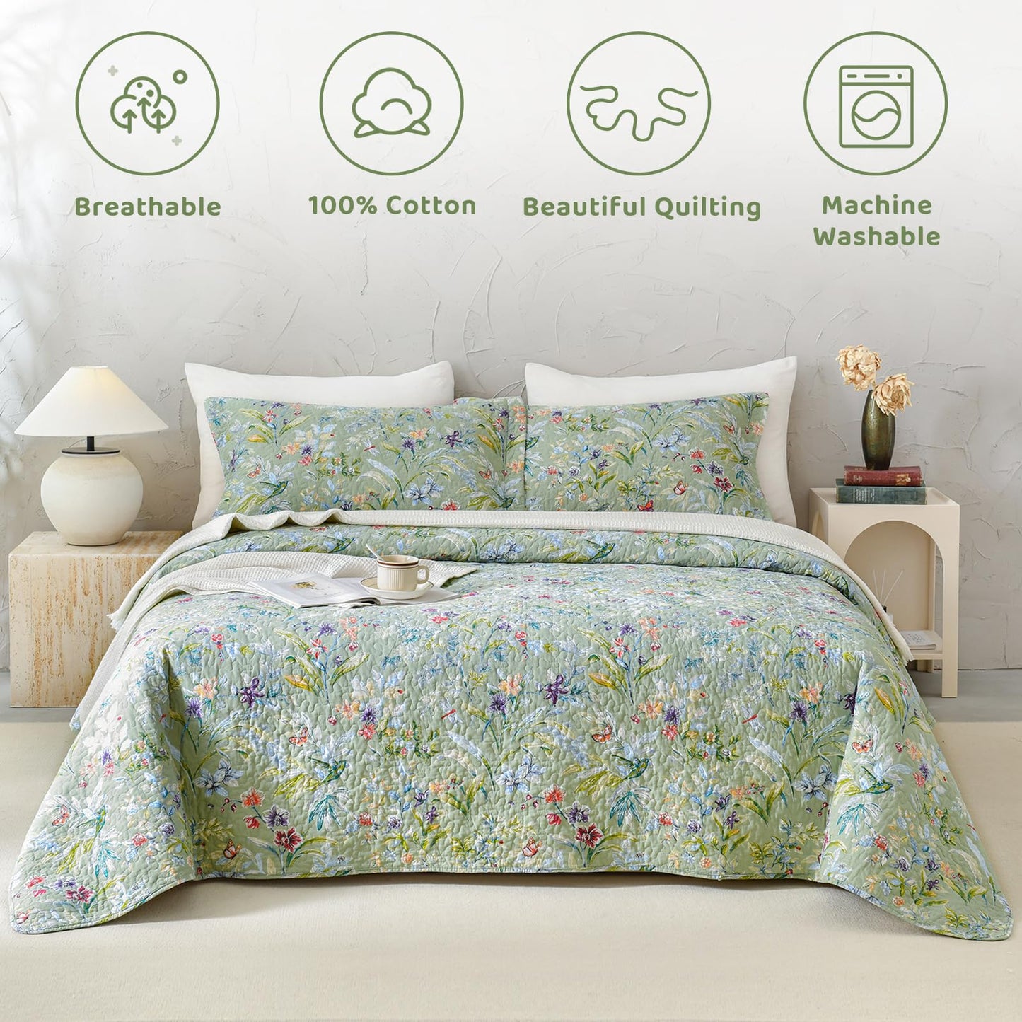 Sanracie Cotton Quilt Queen Size(90"x98")-Green Floral Quilted Bedspreads Set,3pcs Green Flower Bird Butterfly Print Botanical Quilt Bedding Coverlet Summer Soft Lightweight Aesthetic Bedding