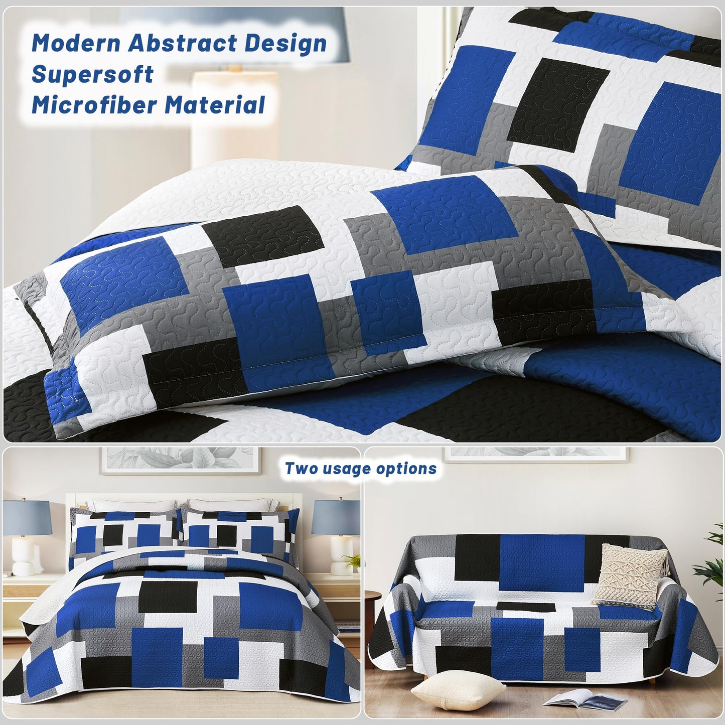 Tyrot 3 Piece Blue White Grey Quilt Set King Size Black White Geometric Reversible Bedding Set Microfiber Lightweight Bedspread Coverlet with 2 Shams Modern Bed Covers for All Season, 106''x96''