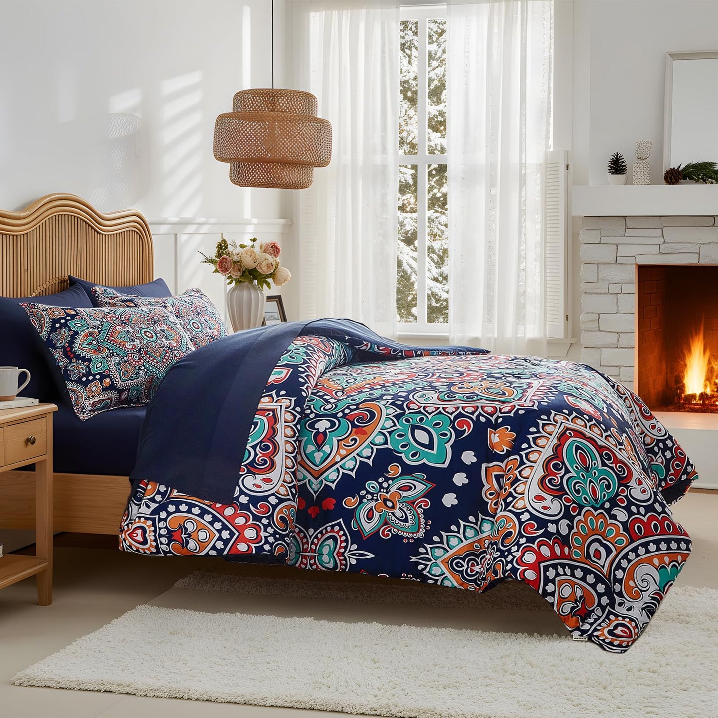 Boho Comforter Sheet Set Bohemian Bed in a Bag Queen Size Bedding Set, Navy Blue Orange Paisley Microfiber 7pc Bedding Set (1 Comforter 2 Pillow Shams 1 Pink Flat Sheet 1 Fitted Sheet 2 Pillowcases)