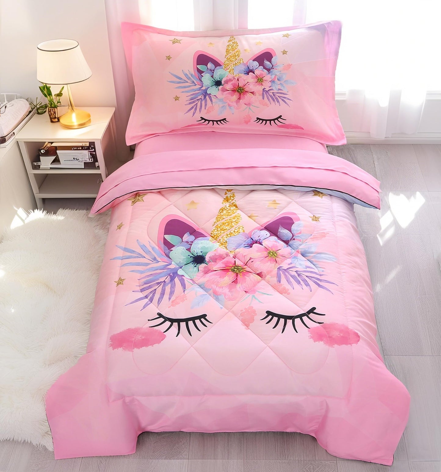 KINBEDY Toddler Bedding Set 4 Piece Pink Unicorn Crib Bedding Set for Girls Soft Cute Floral Toddler Bed Sheets Comforter Set Baby Bedroom Set, Include Comforter, Flat Sheet, Fitted Sheet, Pillowcase