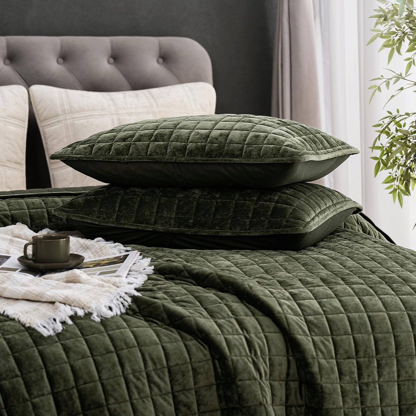 PHF Luxurious Velvet Quilt Set Queen Size – 3PCS Super Soft Quilted Comforter Alternative with Square-Box Quilt Pattern, Warm Quilted Bedspread Coverlet, 90" x 92", Smokey Olive