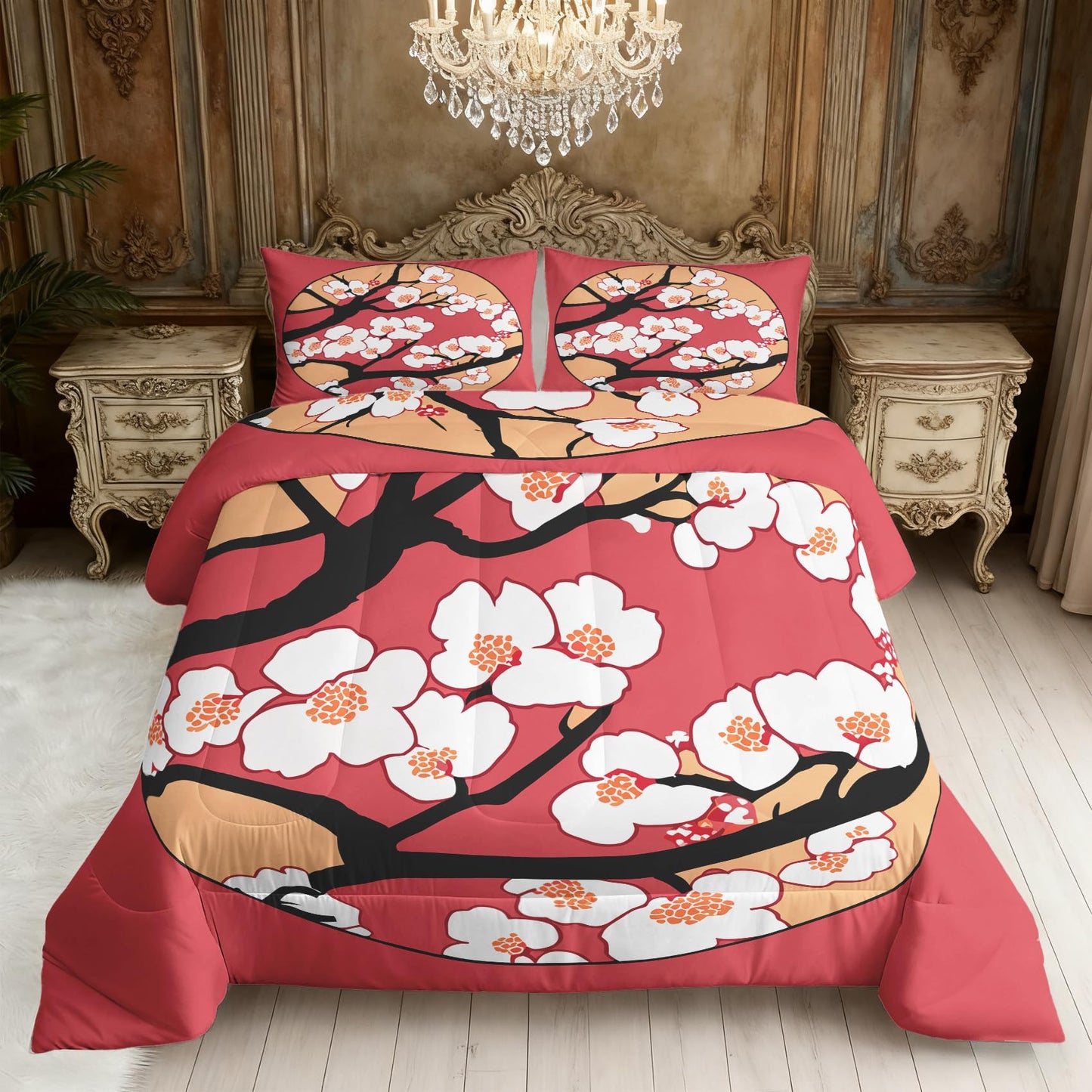 ZDABAOEC Japanese Cherry Blossom Twin Comforter Set 2 Piece, 1 Pillow Sham, Oriental Asian Japan Style Reversible Down Alternative All Season Bedding, Soft Microfiber, Japanese Bedroom Decor