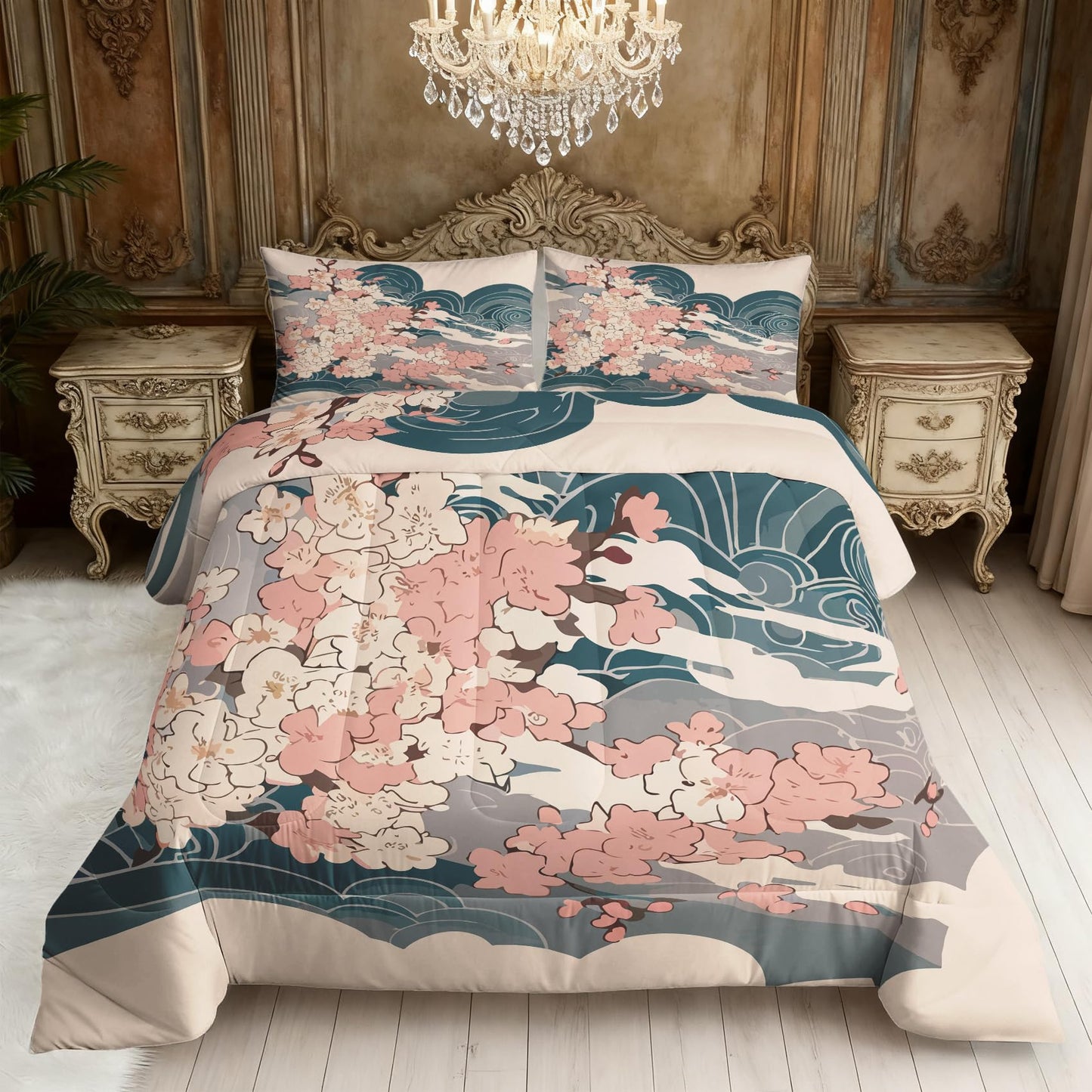 ZDABAOEC Japanese Twin Comforter Set 2 Piece, 1 Pillow Sham, Oriental Asian Japan Cherry Blossom Reversible Down Alternative All Season Bedding, Soft Microfiber, Japanese Bedroom Decor