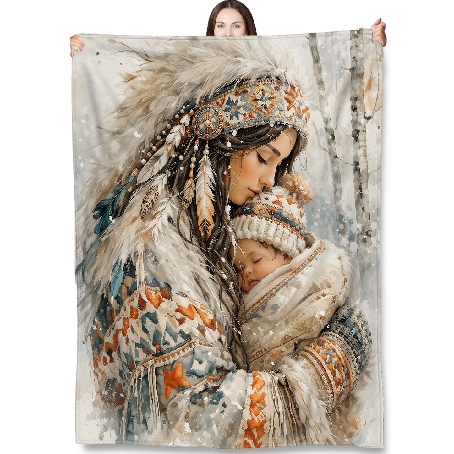 Turamurra Boho Mother Baby Throw Blanket Gifts for Kids Women, Tribal Winter Love Native Family Blankets for Home, Living Room, Bedroom Decor, Flannel Plush 50"x60"